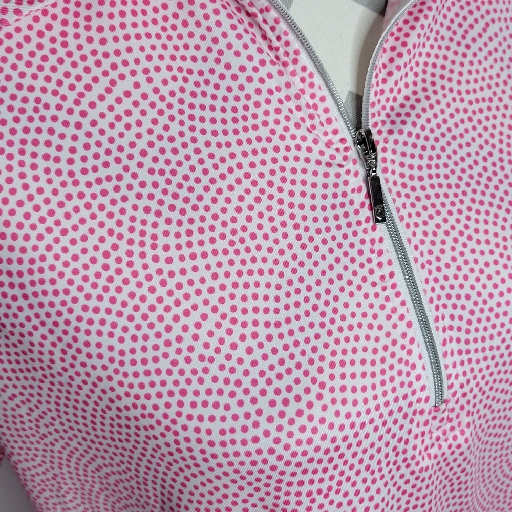 Womans GG Blue Lux Sport Pink Polka Dots Zip neck Golf Shirt Short Sleeve Size L - Picture 8 of 9